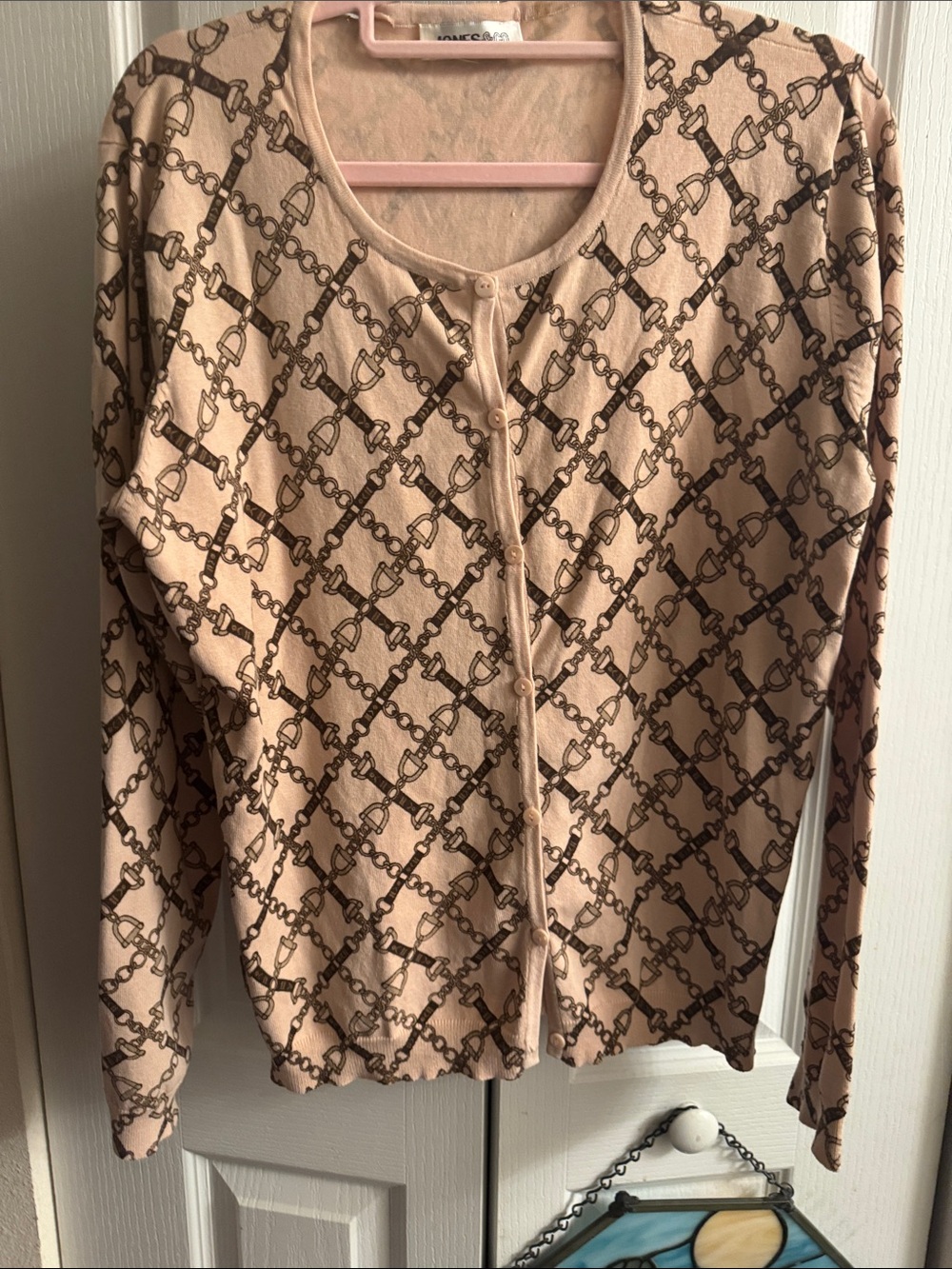 Beige Chain-Print Button-Front Sweater